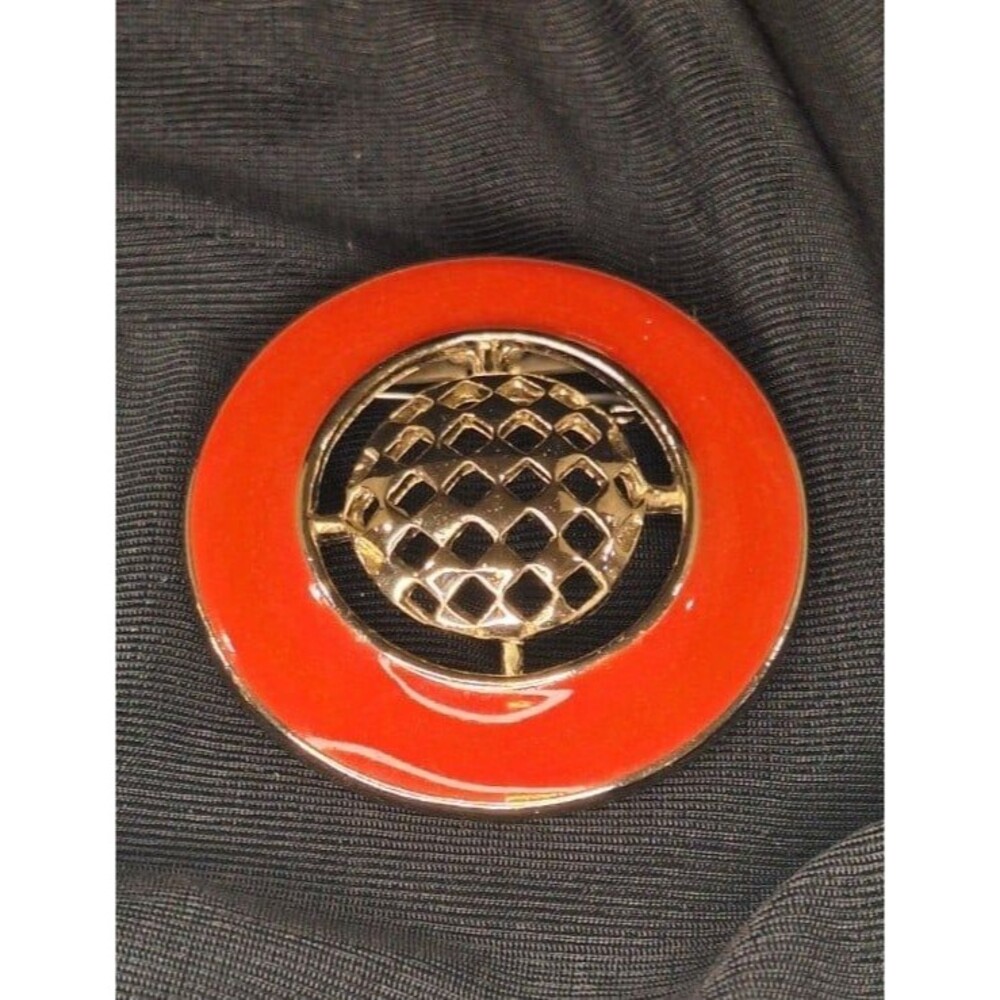 Vintage Weekenders Brooch Asian Style Red, Goldtone w/Butterfly Logo 2"